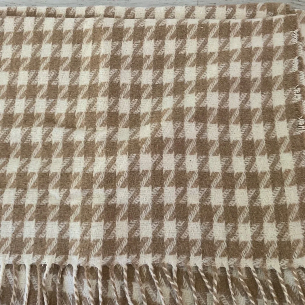 Talbots Houndstooth Wool Blend Scarf Tan Cream Made in Italy Fringe Trim
